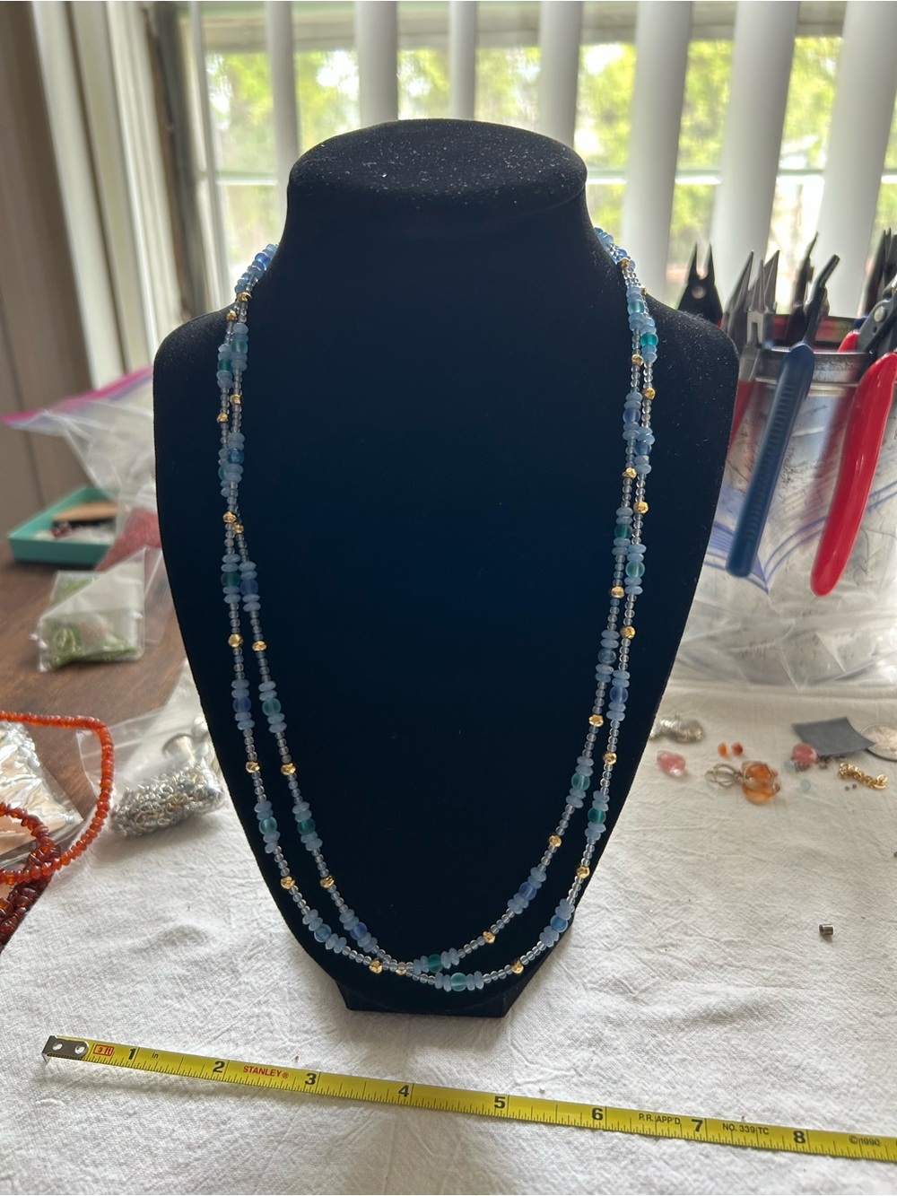 Handmade sea glass and chalcedony Layered Necklace with Gold Accents w/ earrings